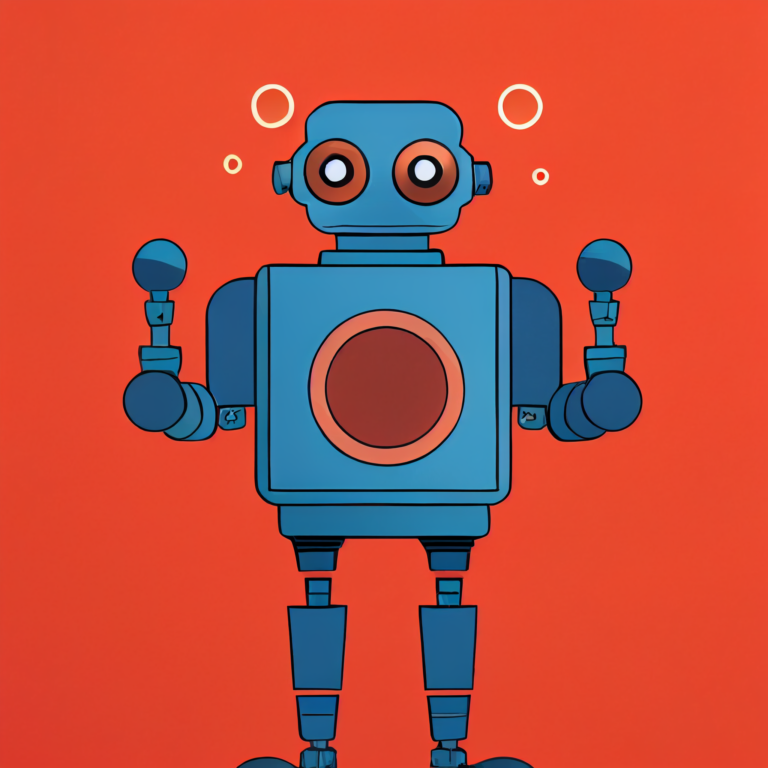 A confused-looking robot on red background