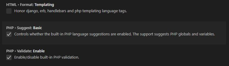 Example settings in Visual Studio Code