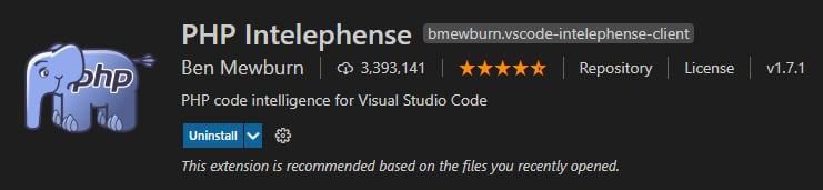 PHP Intelephense VS Code extension illustration